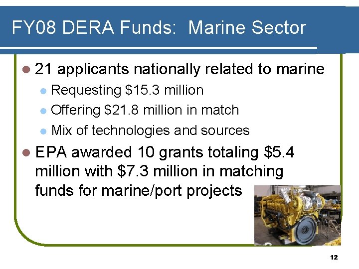 FY 08 DERA Funds: Marine Sector l 21 applicants nationally related to marine Requesting