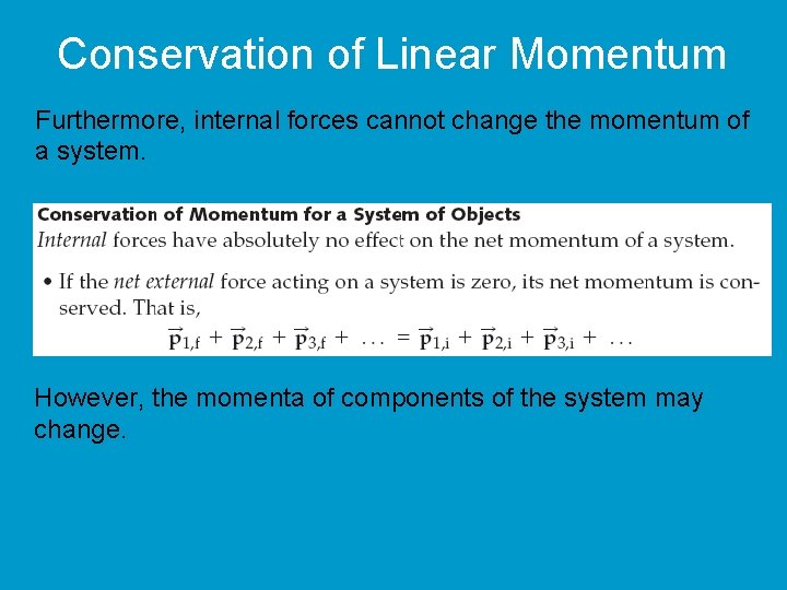 Conservation of Linear Momentum Furthermore, internal forces cannot change the momentum of a system.