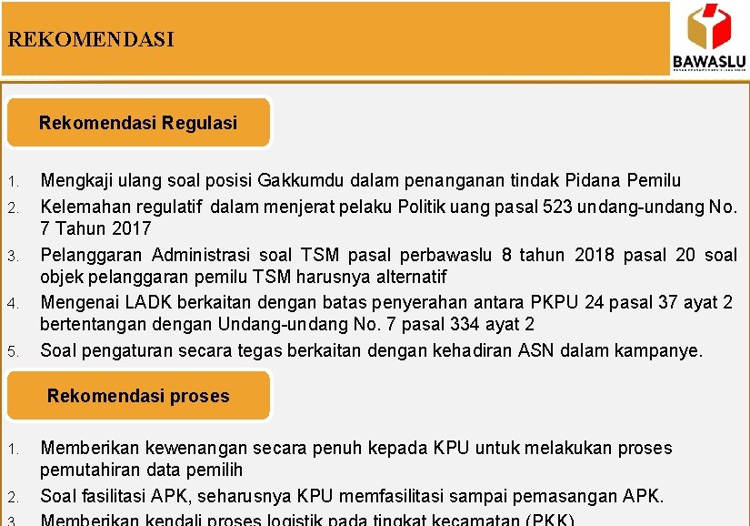 REKOMENDASI Rekomendasi Regulasi 1. 2. 3. 4. 5. Mengkaji ulang soal posisi Gakkumdu dalam