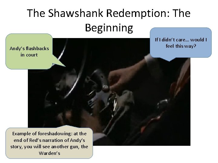 The Shawshank Redemption: The Beginning Andy’s flashbacks in court Example of foreshadowing: at the
