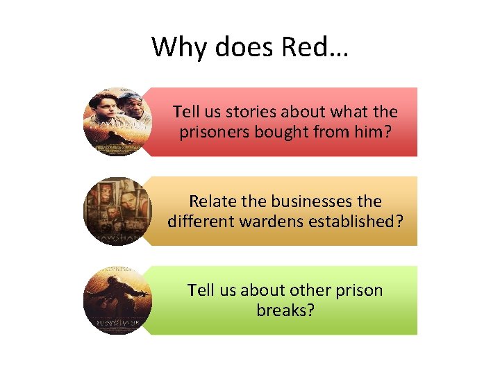 Why does Red… Tell us stories about what the prisoners bought from him? Relate