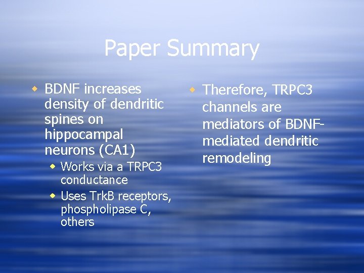 Paper Summary w BDNF increases density of dendritic spines on hippocampal neurons (CA 1)