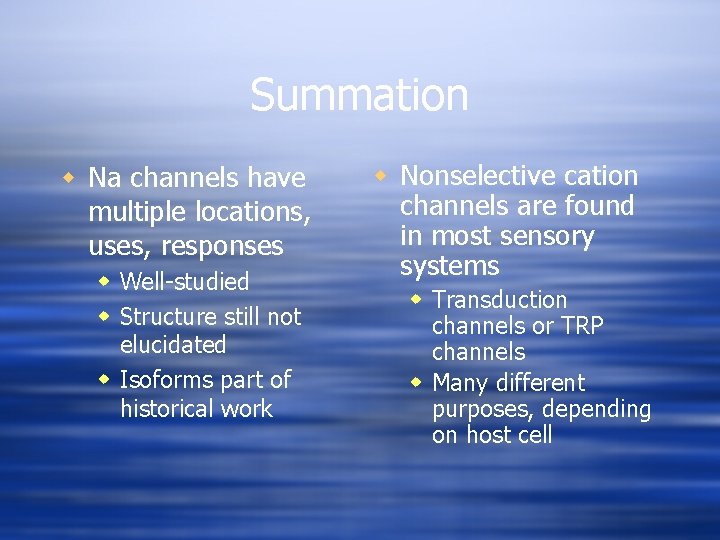 Summation w Na channels have multiple locations, uses, responses w Well-studied w Structure still