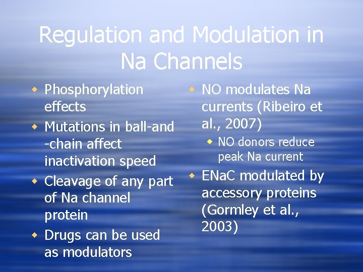 Regulation and Modulation in Na Channels w Phosphorylation w NO modulates Na effects currents