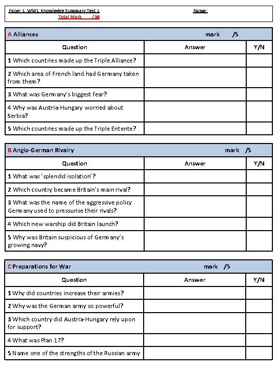 Paper 1: WW 1 Knowledge Summary Test 1 Total Mark /30 A Alliances Name: