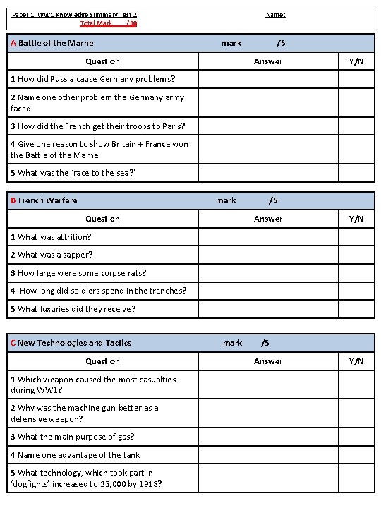 Paper 1: WW 1 Knowledge Summary Test 2 Total Mark /30 A Battle of