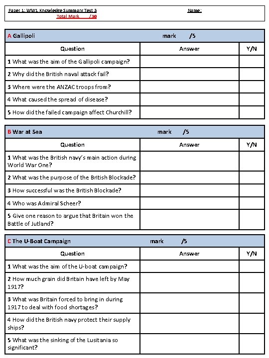 Paper 1: WW 1 Knowledge Summary Test 3 Total Mark /30 A Gallipoli Name: