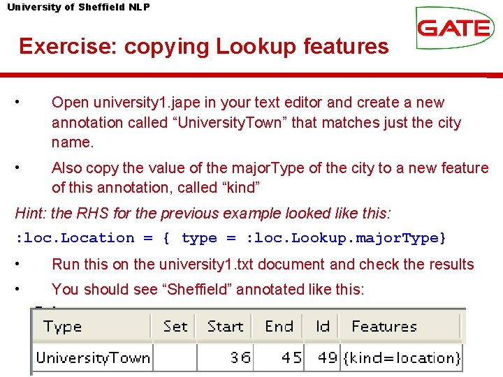 University of Sheffield NLP Exercise: copying Lookup features • Open university 1. jape in