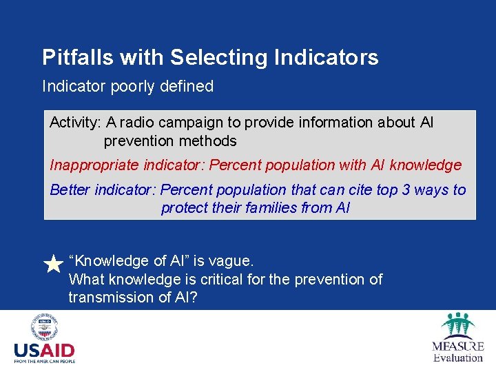 Pitfalls with Selecting Indicators Indicator poorly defined Activity: A radio campaign to provide information