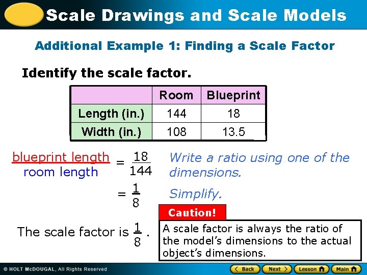Scale Drawings and Scale Models Additional Example 1: Finding a Scale Factor Identify the