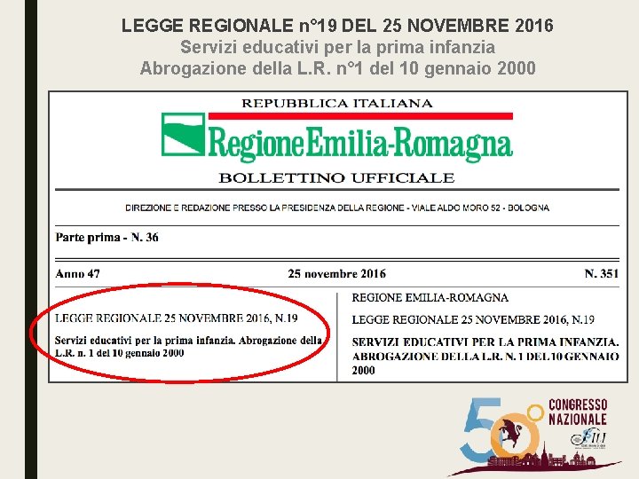 LEGGE REGIONALE n° 19 DEL 25 NOVEMBRE 2016 Servizi educativi per la prima infanzia