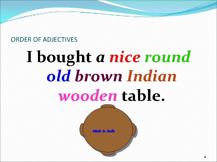 ORDER OF ADJECTIVES I bought a nice round old brown Indian wooden table. Made