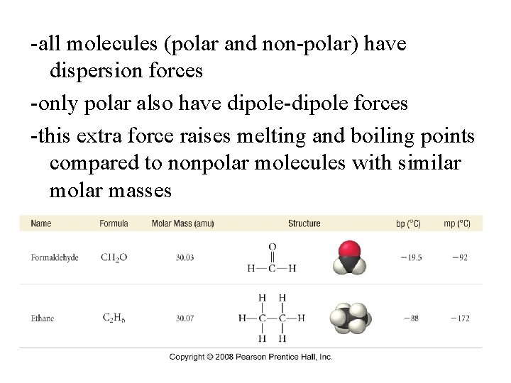 -all molecules (polar and non-polar) have dispersion forces -only polar also have dipole-dipole forces