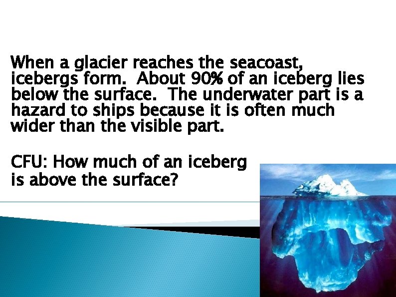 When a glacier reaches the seacoast, icebergs form. About 90% of an iceberg lies