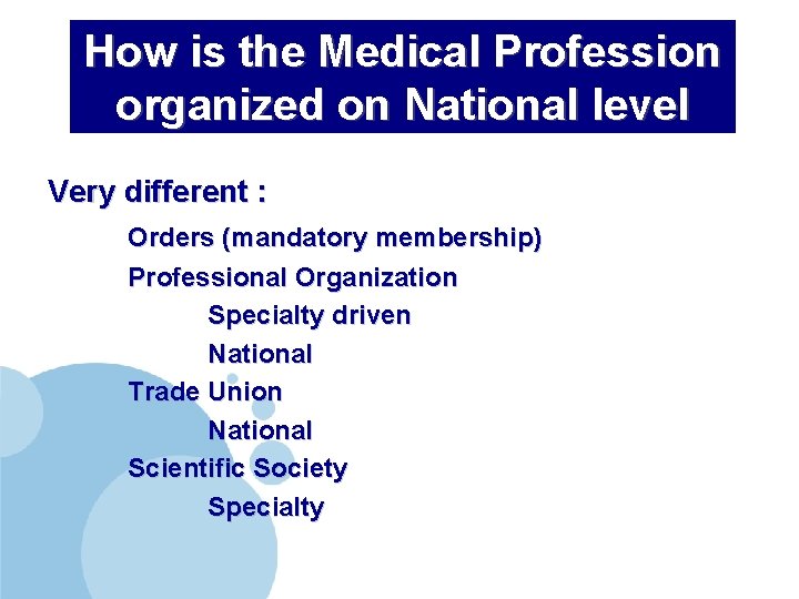 How is the Medical Profession organized on National level Very different : Orders (mandatory