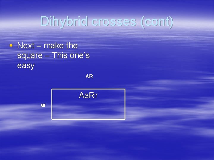 Dihybrid crosses (cont) § Next – make the square – This one’s easy AR