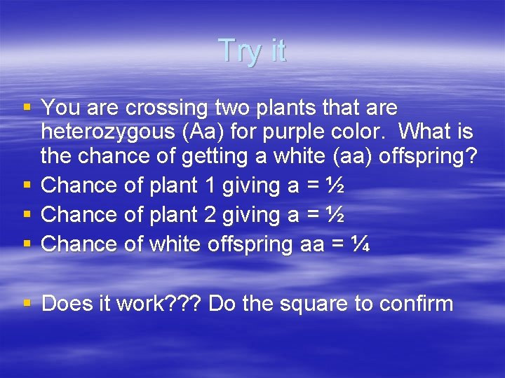 Try it § You are crossing two plants that are heterozygous (Aa) for purple