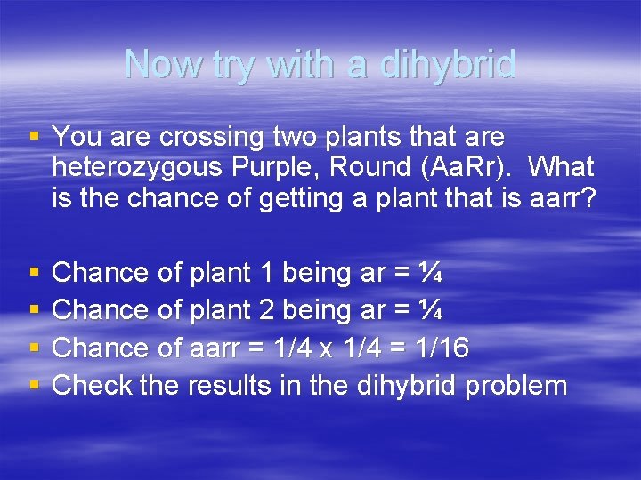 Now try with a dihybrid § You are crossing two plants that are heterozygous