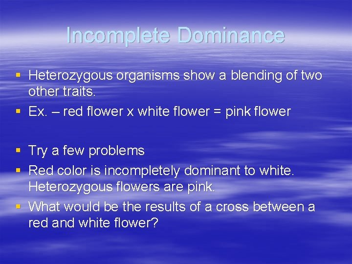 Incomplete Dominance § Heterozygous organisms show a blending of two other traits. § Ex.