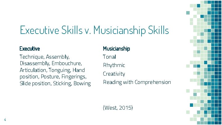 Executive Skills v. Musicianship Skills Executive Technique, Assembly, Disassembly, Embouchure, Articulation, Tonguing, Hand position,