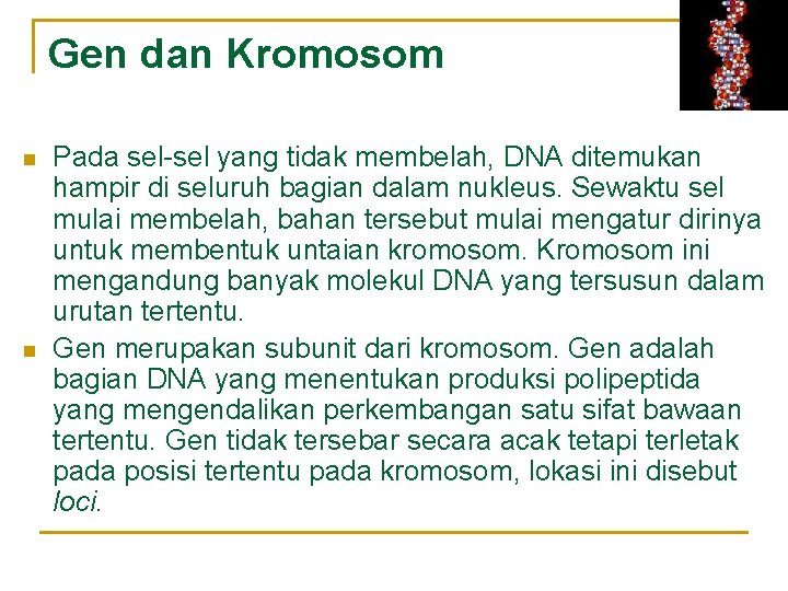 Gen dan Kromosom n n Pada sel-sel yang tidak membelah, DNA ditemukan hampir di