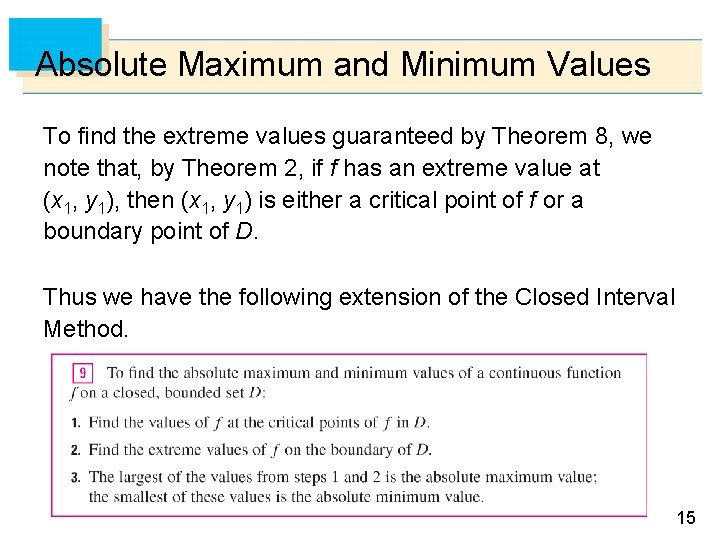 Absolute Maximum and Minimum Values To find the extreme values guaranteed by Theorem 8,