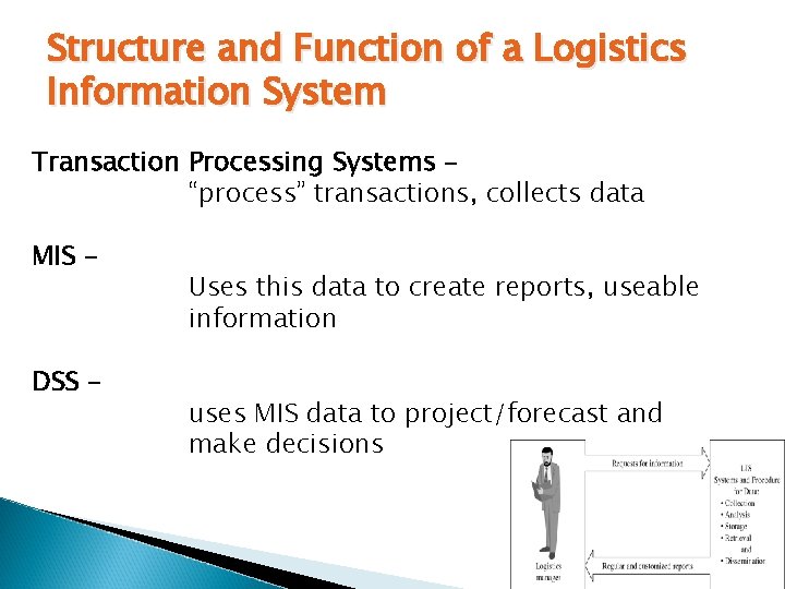 Structure and Function of a Logistics Information System Transaction Processing Systems – “process” transactions,