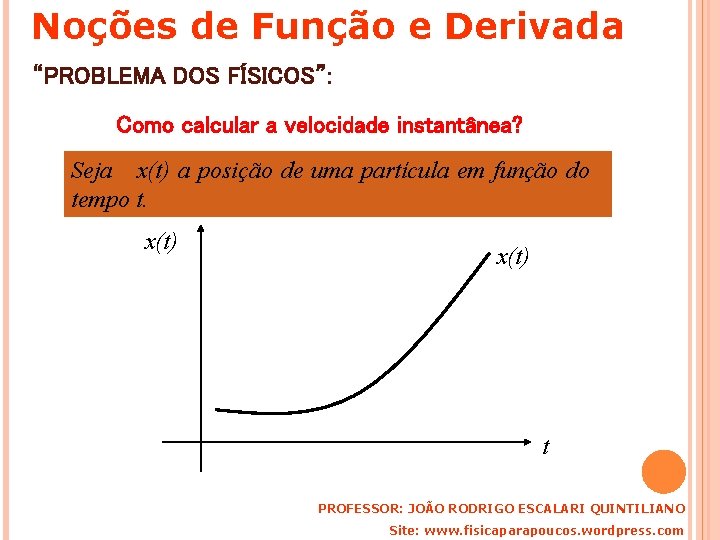 Noções de Função e Derivada “PROBLEMA DOS FÍSICOS”: Como calcular a velocidade instantânea? Seja