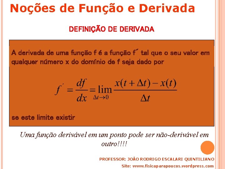 Noções de Função e Derivada DEFINIÇÃO DE DERIVADA A derivada de uma função f