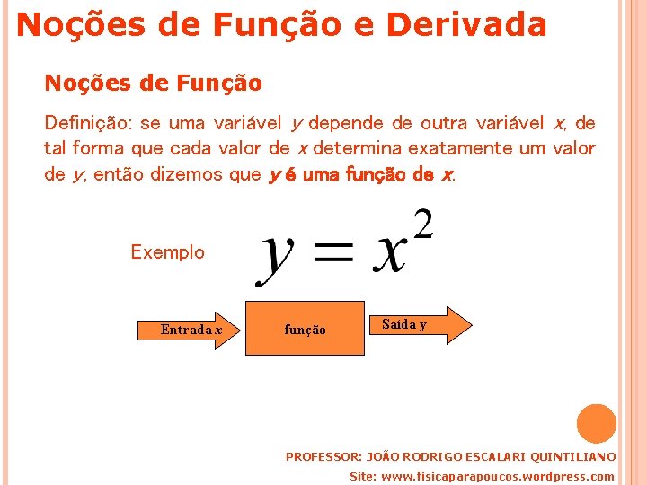 Noções de Função e Derivada Noções de Função Definição: se uma variável y depende