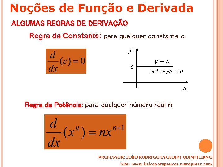 Noções de Função e Derivada ALGUMAS REGRAS DE DERIVAÇÃO Regra da Constante: para qualquer