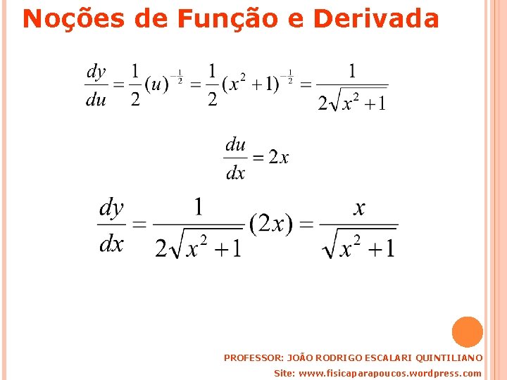 Noções de Função e Derivada PROFESSOR: JOÃO RODRIGO ESCALARI QUINTILIANO Site: www. fisicaparapoucos. wordpress.