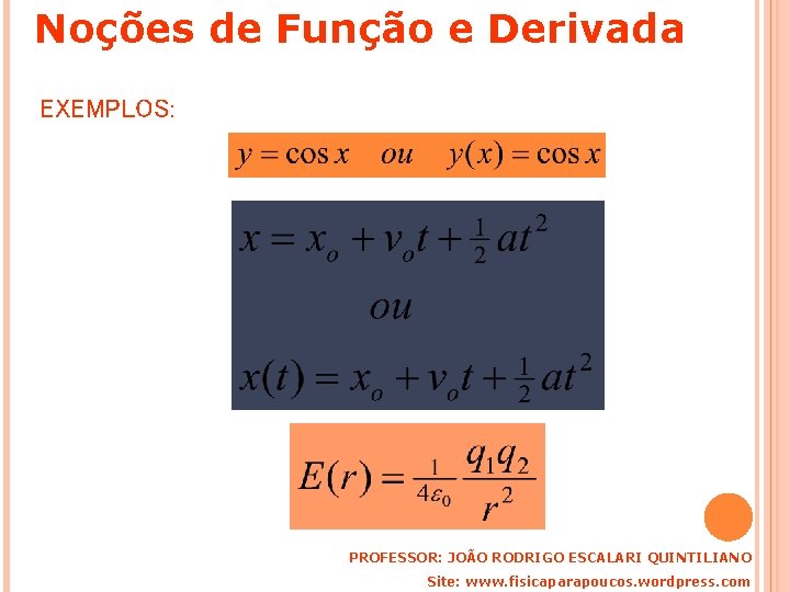 Noções de Função e Derivada EXEMPLOS: PROFESSOR: JOÃO RODRIGO ESCALARI QUINTILIANO Site: www. fisicaparapoucos.