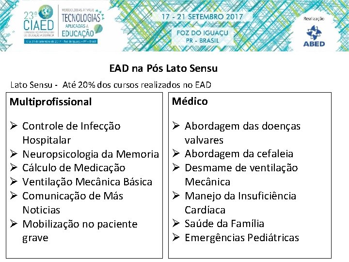 EAD na Pós Lato Sensu - Até 20% dos cursos realizados no EAD Multiprofissional