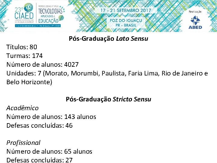 Pós-Graduação Lato Sensu Títulos: 80 Turmas: 174 Número de alunos: 4027 Unidades: 7 (Morato,