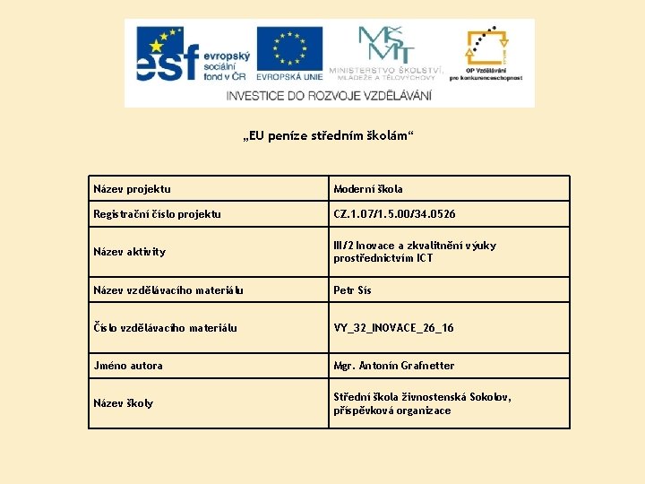 „EU peníze středním školám“ Název projektu Moderní škola Registrační číslo projektu CZ. 1. 07/1.