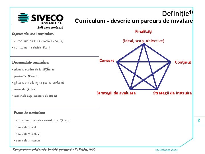 Definiţie 1) Curriculum - descrie un parcurs de învăţare Finalităţi Segmentele unui curriculum (ideal,