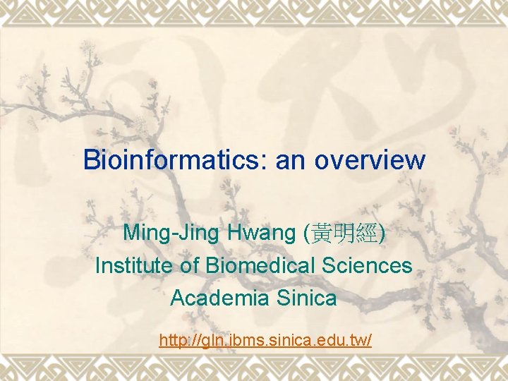 Bioinformatics: an overview Ming-Jing Hwang (黃明經) Institute of Biomedical Sciences Academia Sinica http: //gln.