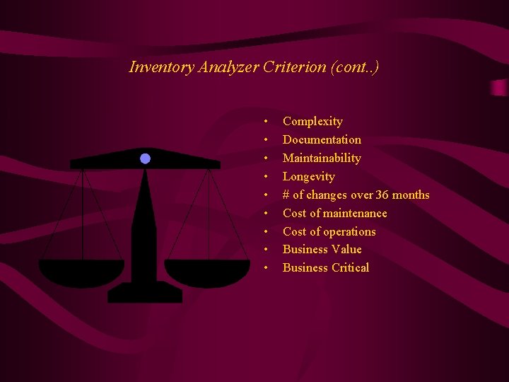 Inventory Analyzer Criterion (cont. . ) • • • Complexity Documentation Maintainability Longevity #