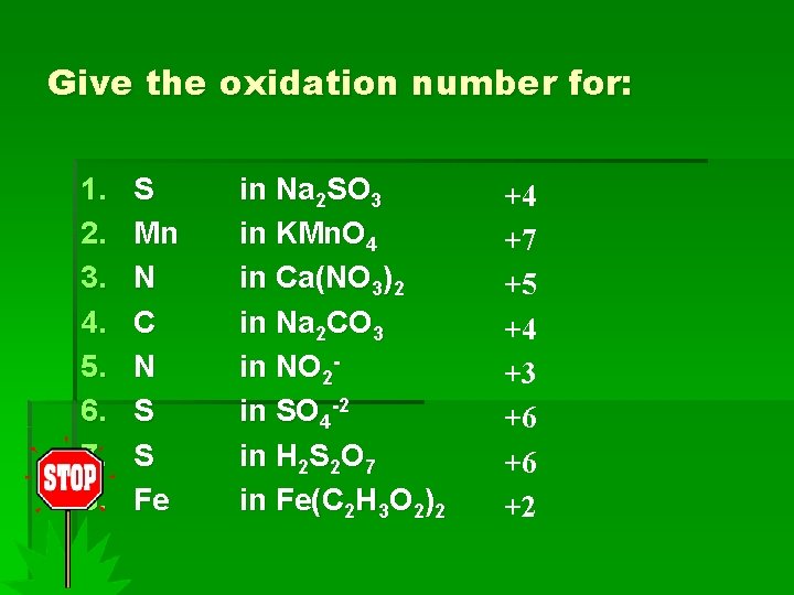 Give the oxidation number for: 1. 2. 3. 4. 5. 6. 7. 8. S