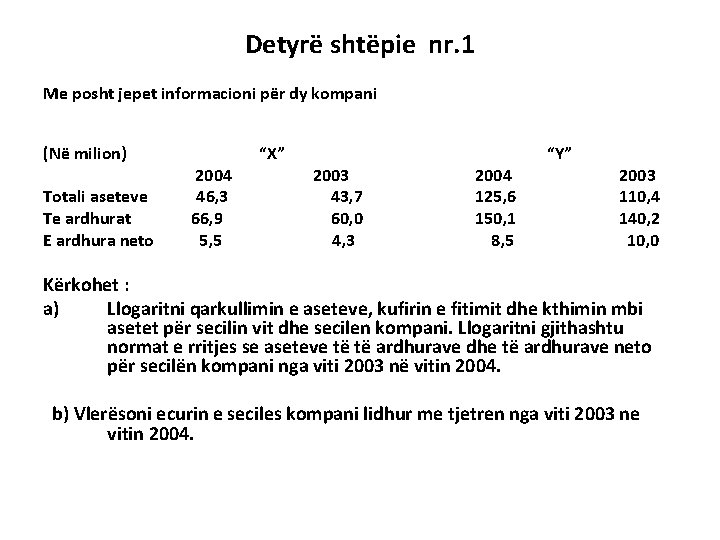 Detyrë shtëpie nr. 1 Me posht jepet informacioni për dy kompani (Në milion) Totali Detyrë shtëpie nr. 1 Me posht jepet informacioni për dy kompani (Në milion) Totali