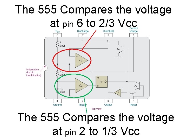 The 555 Compares the voltage at pin 6 to 2/3 Vcc The 555 Compares