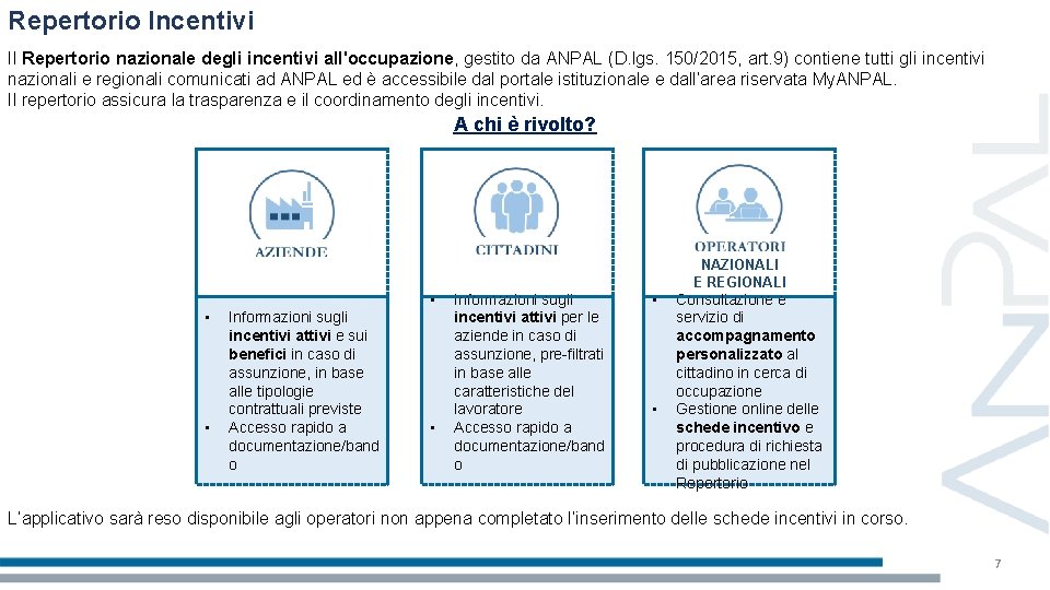 Repertorio Incentivi Il Repertorio nazionale degli incentivi all'occupazione, gestito da ANPAL (D. lgs. 150/2015,