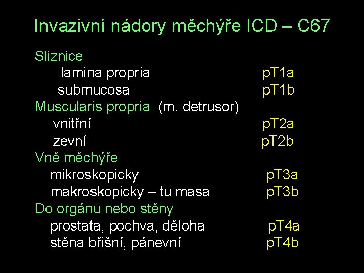 Invazivní nádory měchýře ICD – C 67 Sliznice lamina propria p. T 1 a