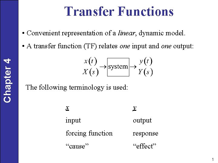 Transfer Functions • Convenient representation of a linear, dynamic model. Chapter 4 • A