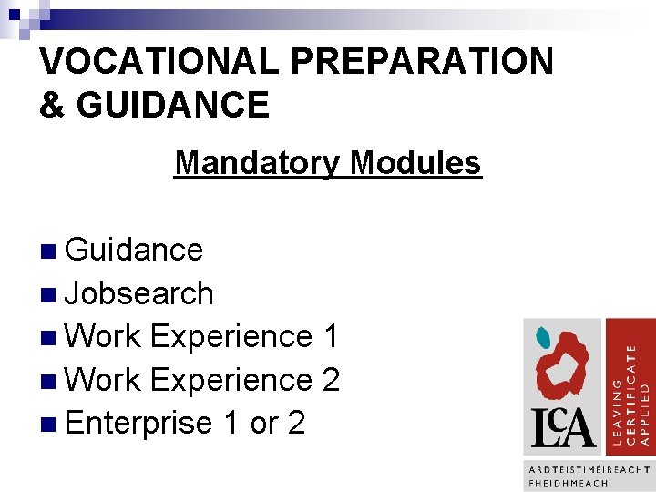 VOCATIONAL PREPARATION & GUIDANCE Mandatory Modules n Guidance n Jobsearch n Work Experience 1