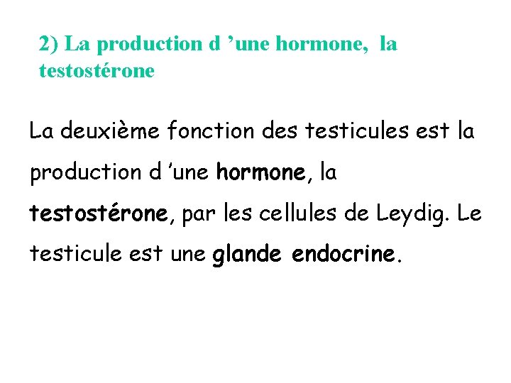 2) La production d ’une hormone, la testostérone La deuxième fonction des testicules est 2) La production d ’une hormone, la testostérone La deuxième fonction des testicules est