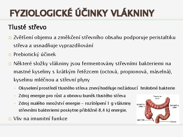 FYZIOLOGICKÉ ÚČINKY VLÁKNINY Tlusté střevo � Zvětšení objemu a změkčení střevního obsahu podporuje peristaltiku