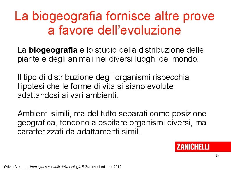 La biogeografia fornisce altre prove a favore dell’evoluzione La biogeografia è lo studio della