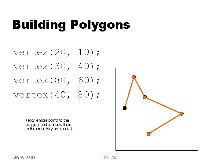 Building Polygons vertex(20, vertex(30, vertex(80, vertex(40, 10); 40); 60); 80); (adds 4 more points